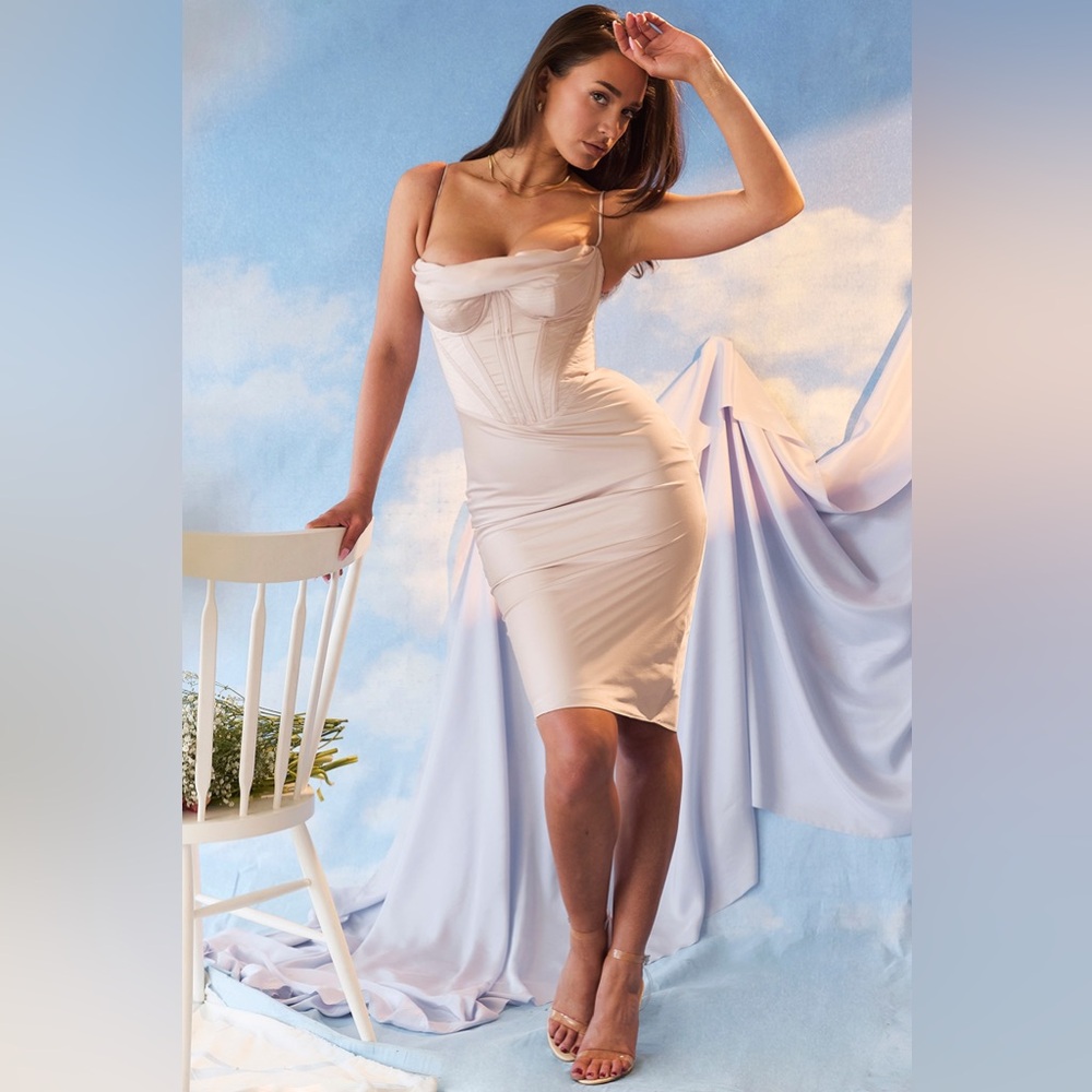 MYRNA Crystal Satin Corset Midi Dress
